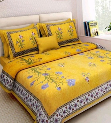 Elfbela Cotton Double Flat 151 TC Jaipuri Prints Bedsheet(Pack of 1, Yellow)