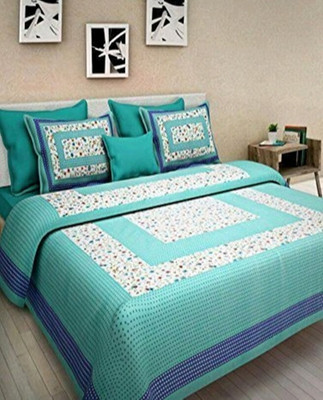 Elfbela Cotton Double Flat 151 TC Jaipuri Prints Bedsheet(Pack of 1, Green)