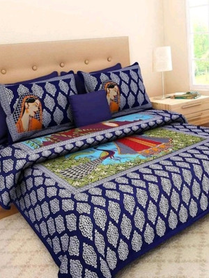 Elfbela 151 TC Cotton Double Jaipuri Prints Flat Bedsheet(Pack of 1, Blue)