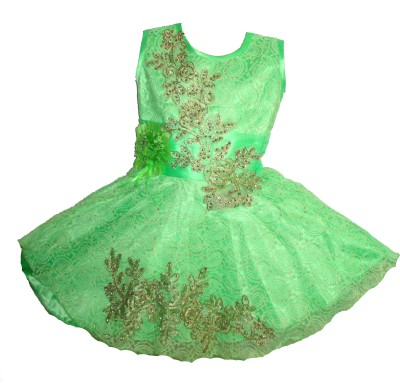 paras pooja garments Girls Midi/Knee Length Festive/Wedding Dress(Green, Sleeveless)