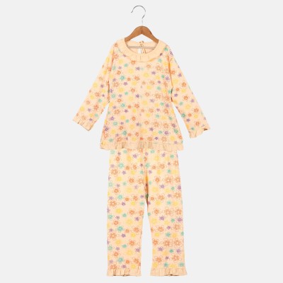 Fit N Fine Baby Girls Printed Beige Top & Pyjama Set