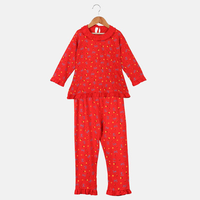 ANIXA Girls Printed Red Top & Pyjama Set