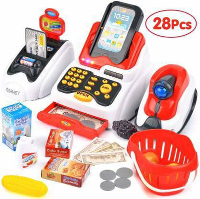 b.h.fashion Cash Register for Kids with Checkout Scanner,Fruit Card Reader, Credit Card Machine, Play Money and Food Shopping Play Set