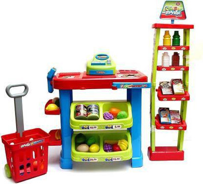 WECAN FASHION Branded Plastic Battery Operated Super Market Set with Basket (Green