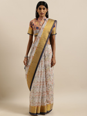 BOVTY Floral Print Bollywood Linen Saree(Multicolor)