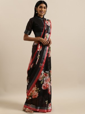 sotoni Floral Print Bollywood Linen Saree(Black)