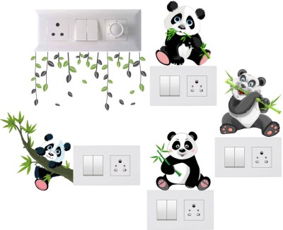 Crown Decals 15 cm Switch penal sticker of Cute baby panda and panda hanging tree with branch for decoretive your home's switch board(pvc vinyl sticker, Multicolor) Self Adhesive Sticker(Pack of 5)