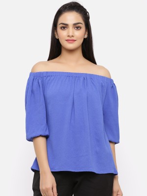 Maiyee Casual 3/4 Sleeve Solid Women Blue Top