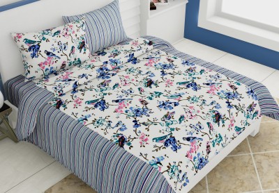 eCraftIndia 144 TC Cotton King Floral Flat Bedsheet(Pack of 3, Blue)