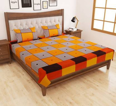 H18 SHEET 160 TC Microfiber Double Checkered Flat Bedsheet(Pack of 1, Orange)