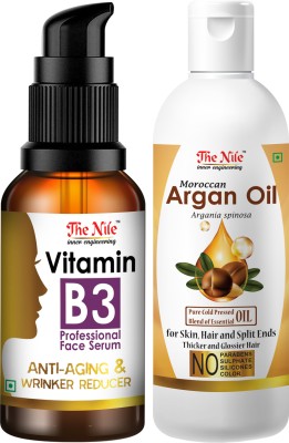 The Nile Professional Vitamin B3- Skin Clearing Serum - Brightening, Anti-Aging Skin Repair, Wrinker Reducer Face Serum, Dark Circle, Fine Line & Sun Damage Corrector 30 ML + Moroccan Argan Hair Oil Pure Cold Pressed Blend of Essential Oil for Skin, Hair and Split Ends Thicker and Glossier Hair Oil 