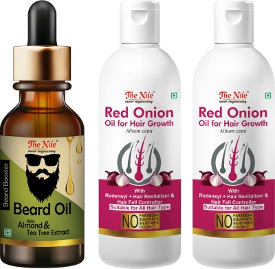The Nile Beard Booster Oil With Almond And Tea Tree Extract Hair Oil 30 ML + Red Onion Oil with Redensyl + Hair Revitalizer, Hair Regrowth & Hair Fall Control 150 ML X 2 (300 ML) (Combo of 3 Bottle)(330 ML) Hair Oil(330 ml)