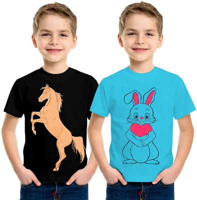 Luke and Lilly Boys Animal Print Cotton Blend Regular T Shirt(Multicolor, Pack of 2)