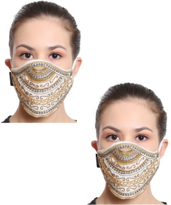 Anekaant ADMC301A1A Washable, Reusable Cloth Mask(White, Gold, Free Size, Pack of 2)