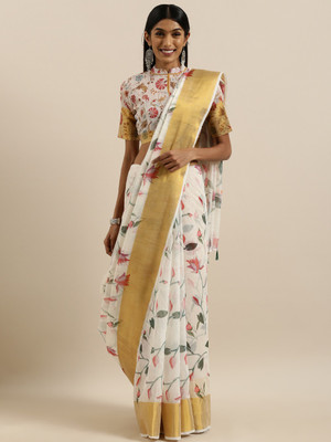 Shavya Printed Bollywood Linen Saree(White)