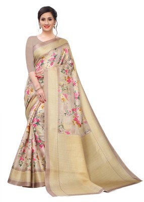 Ruchika Fashion Floral Print Bollywood Pure Silk Saree(Beige)