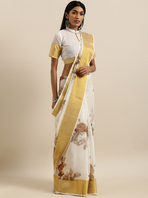Shavya Printed Bollywood Linen Saree(White)