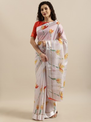 BOVTY Floral Print Bollywood Linen Saree(White)