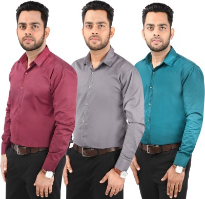 CRAFT HEAVEN Men Solid Casual Dark Green, Maroon, Grey Shirt(Pack of 3)