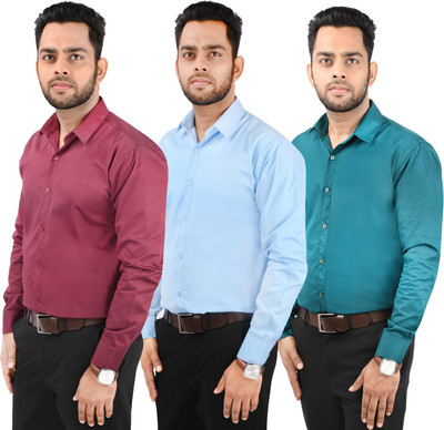 CRAFT HEAVEN Men Solid Casual Dark Green, Maroon, Light Blue Shirt(Pack of 3)