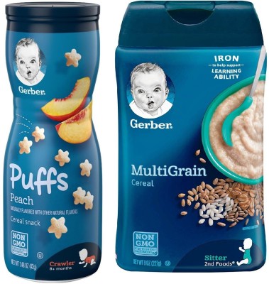 GERBER Multigrain Cereal (8oz) + Peach Puffs Cereal(269 g, Pack of 2, 6+ Months)