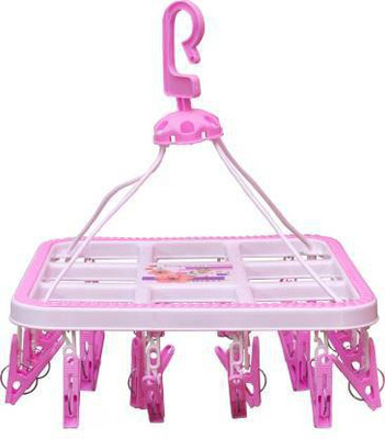 CREW4 Plastic Ceiling Cloth Dryer Stand HANGING GARDEN SQUARE 24 CLIPS PINK(1 Tier)