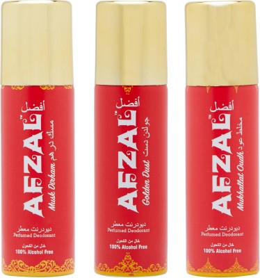 AFZAL Non Alcoholic Musk Dirham, Golden Dust & Mukhallat Oudh Combo Deodorants (Pack of 3 x 50ml) Deodorant Spray  -  For Men & Women(150 ml, Pack of 3)