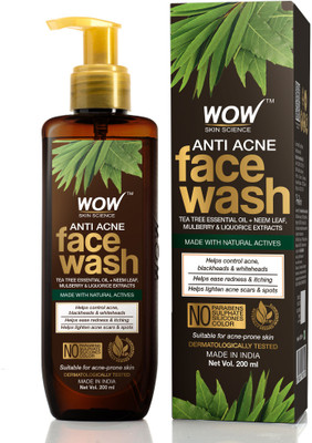 WOW SKIN SCIENCE Anti Acne - with Tea Tree Essential Oil, Neem Leaf Extracts - For Controlling Acne, Blackheads & Spots - No Parabens, Sulphate, Silicones & Color - 200mL Face Wash(200 ml)