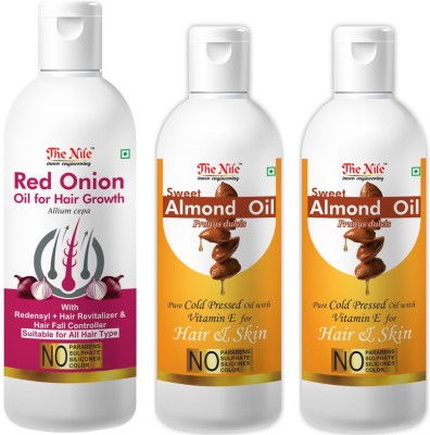 The Nile Red Onion Oil with Redensyl + Hair Revitalizer, Hair Regrowth & Hair Fall Control Hair Oil 150 ML + Pure Cold Pressed SWEET ALMOND OIL with Vitamin E for Hair Regrowth 100 ML X 2 (200 ML) (Combo Pack of 3 Bottle) (350 ML) Hair Oil(350 ml)