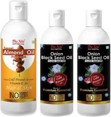 The Nile Pure Cold Pressed SWEET ALMOND OIL with Vitamin E for Hair Regrowth 150 ML + Onion Black Seed Hair Oil Preventing Hair Loss & Promoting Hair Growth Oil 100 ML X 2 (200 ML) (Combo Pack of 3 Bottle) (350 ML) Hair Oil(350 ml)