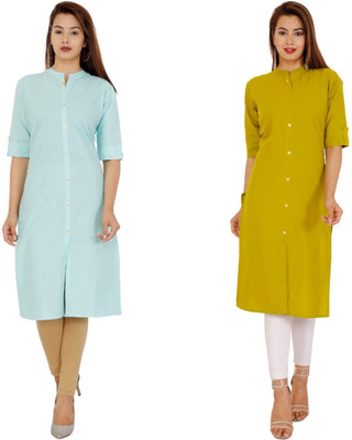 Rimeline Women Solid Straight Kurta(Light Blue, Green)