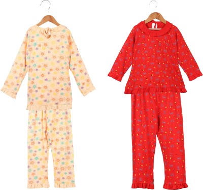 Fit N Funky Girls Floral Print Beige, Red Top & Pyjama Set
