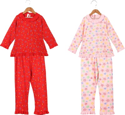 Fit N Funky Girls Floral Print Pink, Red Top & Pyjama Set