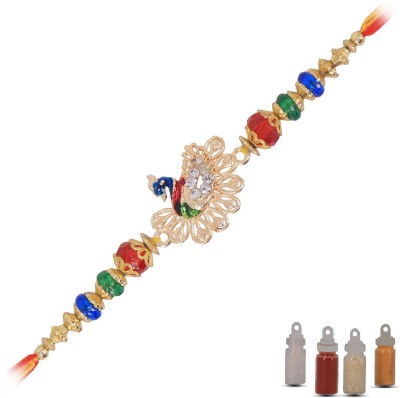 Aseenaa Designer Rakhi For Brother With Roli Chawal Haldi And Mishri | Gold Plated Jarkan Work Peacock Design | A12 Assorted Chawal Roli Pack, Rakhi  Set(1 rakhi 1 roli chawal pack)