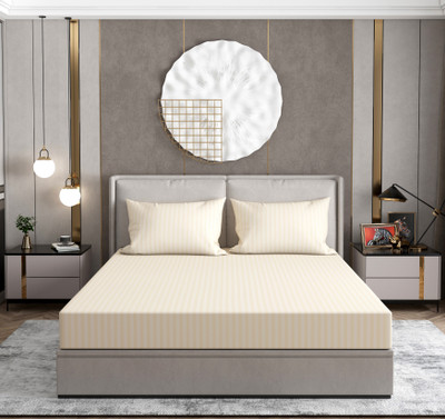 Expert Production Polycotton Double Flat 240 TC Striped Bedsheet(Pack of 1, White, Beige)