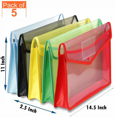 MORAVLA Transparent Envelope Folder Poly-Plastic A4 Documents File Storage Bag with Snap Button (Set Of 5, Multicolor)(Set Of 5, Multicolor)