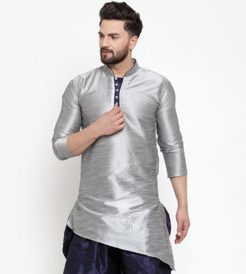 SAIFOO Men Solid High Low Kurta(Silver)