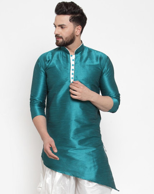SAIFOO Men Solid High Low Kurta(Green)