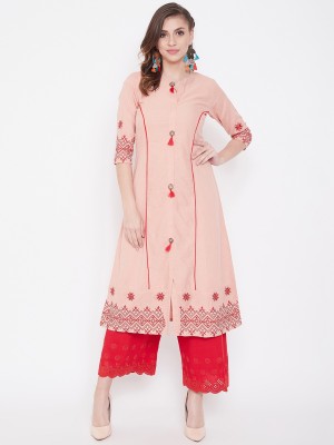 WineRed Women Embroidered A-line Kurta(Pink)