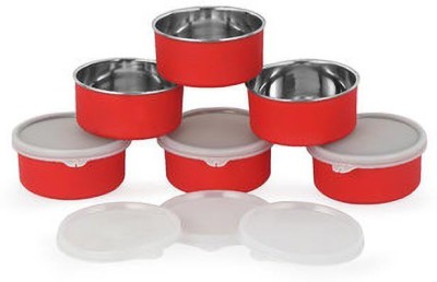 stupefying Round Microwave Safe Stainless Steel Container with Lid Lunch Box Set of 6(Red) 6 Containers Lunch Box(300 ml)