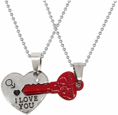 Shiv Jagdamba Valentine Gift I Love You Lock Aand Key Broken Heart Couple Locket With 2 Chain His Her Necklace Chain For Men Women Rhodium Zinc, Metal Pendant Set