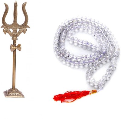 Uniqon Combo of 2 Pcs Trishul Statue With Square Stand And 43 Cm Long 7mm Sphatik Clear Beads Mala For Puja Purpose Brass(2 Pieces, Gold, White)