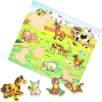 Toyvala Pinewood Farm & Domestic Animal Wooden Puzzle Board for Kids -Educational Puzzle Board for Kids(1 Pieces)