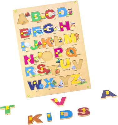 Toyvala Premium Wooden Jigsaw Puzzle Board for Kids - Alphabet (A to Z) Capital/Uppercase Letter with Pics - Learning & Educational Gift for Kids(26 Pieces)