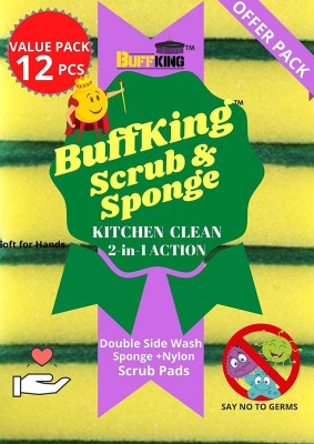BUFF KING Scrub Sponge 2in1 PAD for Kitchen, Sink, Bathroom Cleaning Scrubber - Value Pack of 12 PCS Scrub Sponge(Large, Pack of 12)