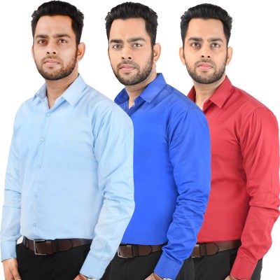 CRAFT HEAVEN Men Solid Casual Blue, Red, Light Blue Shirt(Pack of 3)