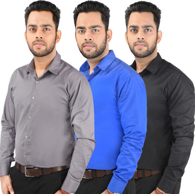 CRAFT HEAVEN Men Solid Casual Blue, Black, Grey Shirt(Pack of 3)