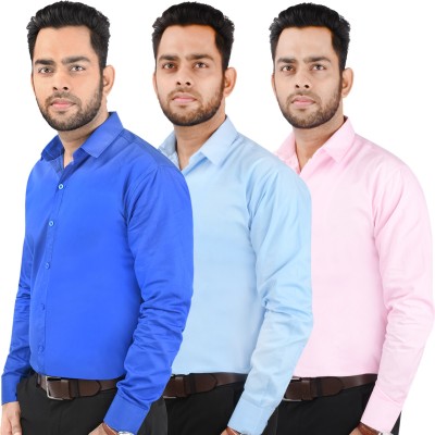 CRAFT HEAVEN Men Solid Casual Blue, Pink, Light Blue Shirt(Pack of 3)