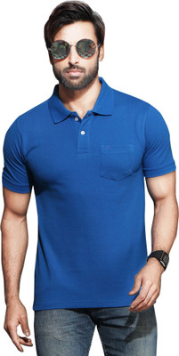 Kundan Solid Men Polo Neck Blue T-Shirt