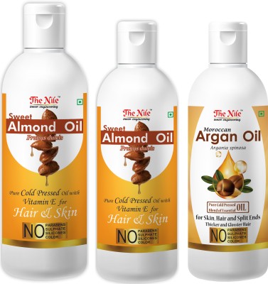 The Nile Pure Cold Pressed SWEET ALMOND OIL with Vitamin E for Hair Regrowth & Body Oil 150 ML + Pure Cold Pressed SWEET ALMOND OIL with Vitamin E for Hair Regrowth & Body Oil 100 ML + Moroccan Argan Hair Oil Pure Cold Pressed Blend of Essential Oil for Skin, Hair and Split Ends Thicker and Glossier